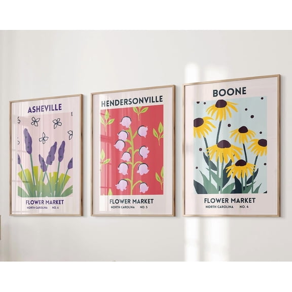 Luvia Mountain Towns Of North Carolina, Flower Market Art Set Of 3, Asheville Boone Hendersonville Print, , Modern Wall Decor Set 3 Prints 8x12 UNFRAMED