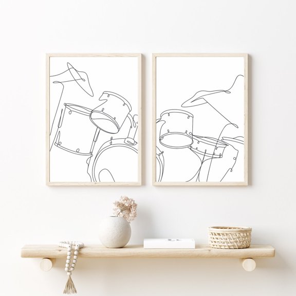 UNFFRAMED Music . Drum print x 2. Minimalist Line Drawing, Instrument Wall Art Print, Complete Drum Black and White. Set 2 Prints 20x30