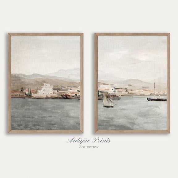 UNFFRAMED Muted Coastal Set, Vintage Neutral Mediterranean 2 Pieces Wall Art, Antique Seascape Poster, Beach Cottage Decor Set 2 Prints 20x30