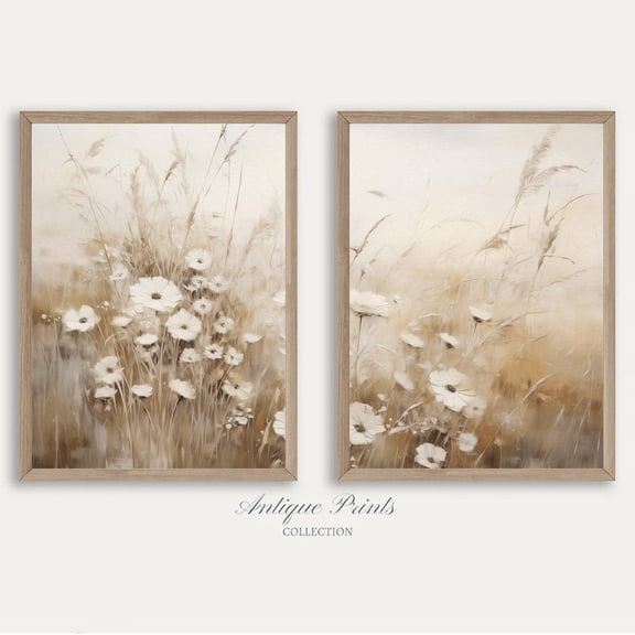 UNFFRAMED Muted Wildflower, Neutral Beige Floral Set Postersoft Tones Country 2 Pieces Wall Art, Farmhouse Decor Set 2 Prints 20x30