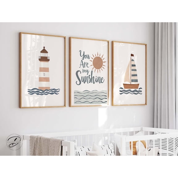 UNFFRAMED Nautical Nursery Wall Art, Lighthouse, Sail Boat Prints, Ocean Nursery Decor, Beachy Nursery Art, Nautical Decor, You Are My Sunshine Print Set 3 Prints 16x24