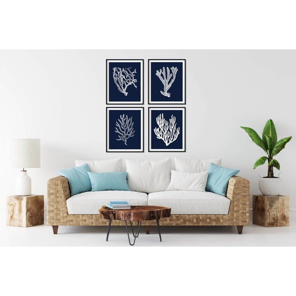 UNFFRAMED Navy Blue Coral Art Prints, Coastal Decor Set 4 Prints 12x18