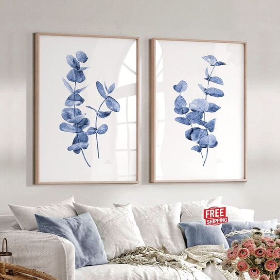 UNFFRAMED Navy Blue Eucalyptus Wall Art Set Of 2 Posters, Botanical Wall Decor Master Guest Bedroom Minimalist Leaf Plant Branch Set 2 Prints 20x30