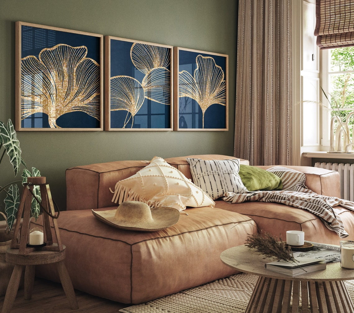 UNFFRAMED Navy Blue and Gold Wall Art, Prints, Botanical Leaves Art ...