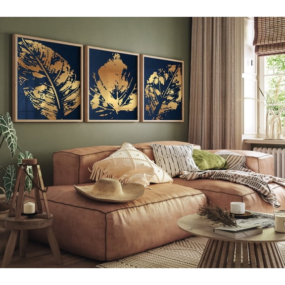 UNFFRAMED Navy Blue and Gold Wall Art, Prints, Botanical Leaves Art, Floral Leaf Prints, Living Room Posters, Printable Modern Art, Set 3 Prints 16x24