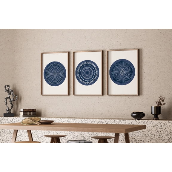 UNFFRAMED Navy Blue Wall Art, Abstract Prints, Indigo Prints,, Living Room Art, Geometric Circle, Tribal Print, Printable Set 3 Prints 12x18
