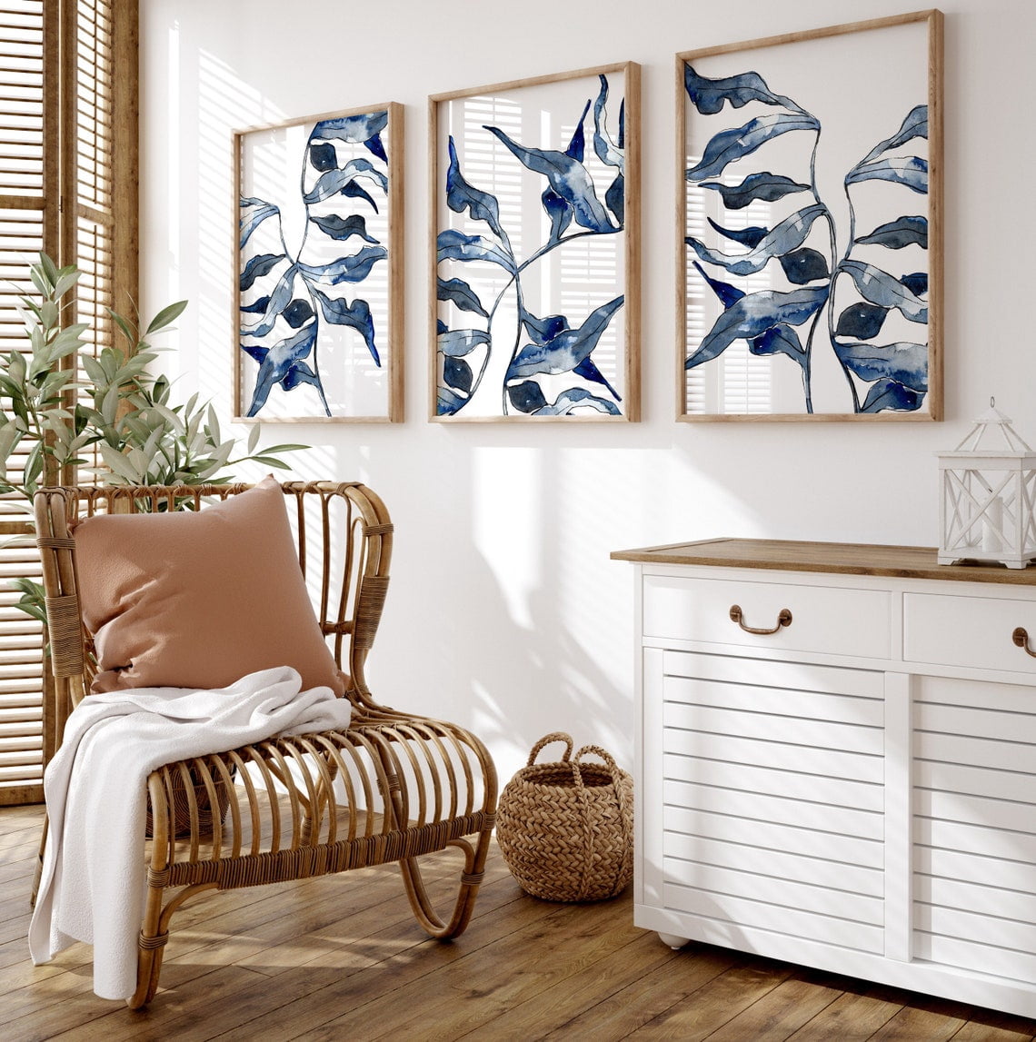 UNFFRAMED Navy Blue Wall Art, Coral Prints, 3 Piece Wall Art Set ...