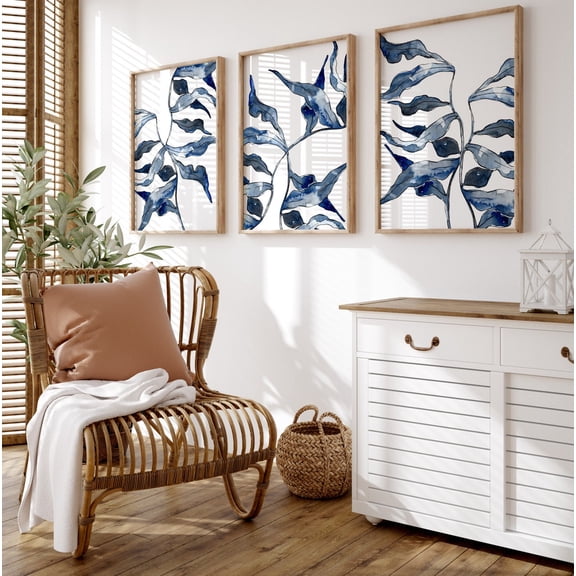 UNFFRAMED Navy Blue Wall Art, Coral Prints, 3 Piece Wall Art Set, Botanical Artwork, Coastal Modern Decor, Beach House Art,Printable Set 3 Prints 16x24