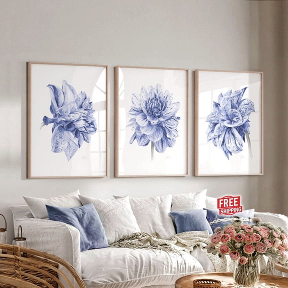 UNFFRAMED Navy Blue Wall Art Set Of 3 Dahlia Posters, Farmhouse Wall Decor Living Room Wall Decor Bedroom Over The Bed Above Bed Art Flower Set 3 Prints 12x18