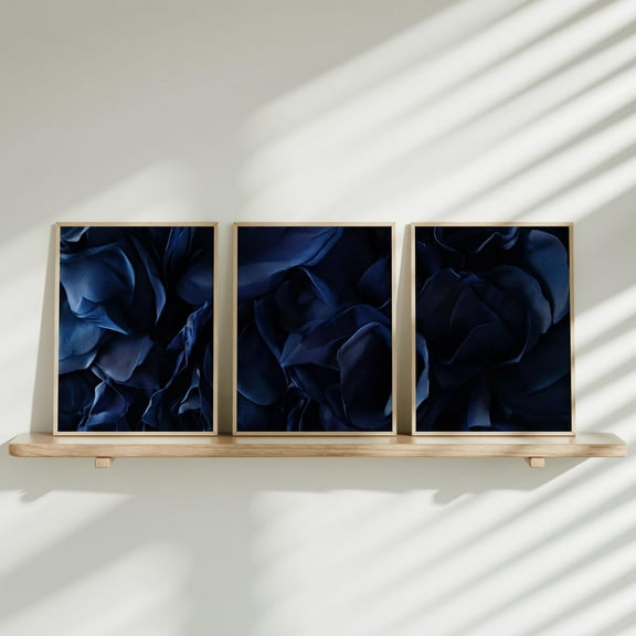 UNFFRAMED Navy Blue Wall Art Set, Modern Art, Blue Abstract Minimalist Decor, Fabric Illusion Modern Decor Set 3 Prints 8x12