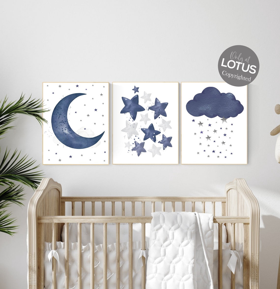 UNFFRAMED Navy Nursery Decor, Cloud And Stars, Moon And Stars, Navy ...