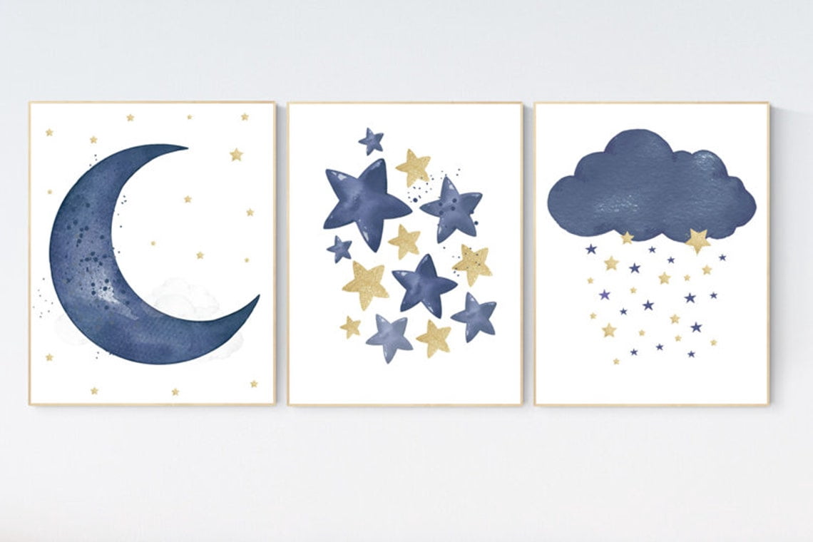 UNFFRAMED Navy Nursery Decor, Cloud And Stars, Moon And Stars, Navy ...