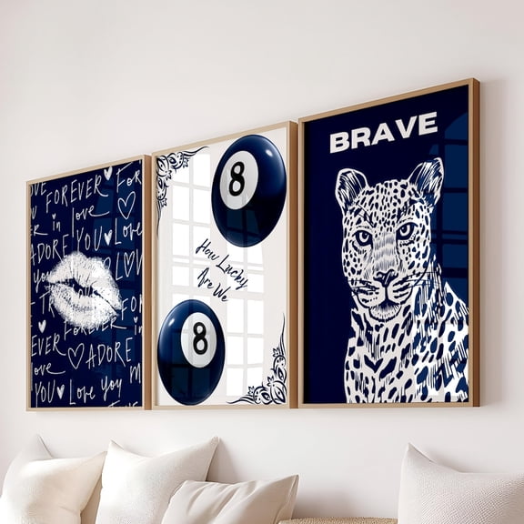 UNFFRAMED Navy Retro Wall Art Set, 8 Ball, Leopard, Lips Kiss Posters) Set 3 Prints 20x30