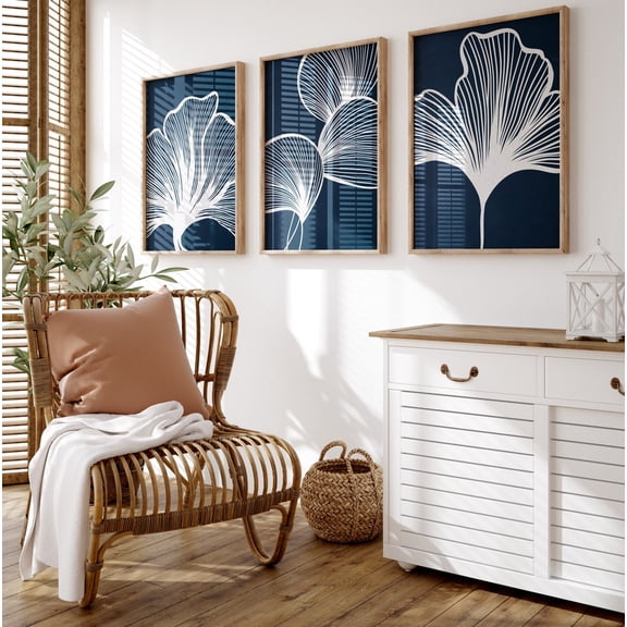 UNFFRAMED Navy blue and white wall art, Botanical Leaves Print, 3 Piece Set, Coastal Farmhouse Decor, Modern Beach House, Printable Gallery Posters Set 3 Prints 8x12