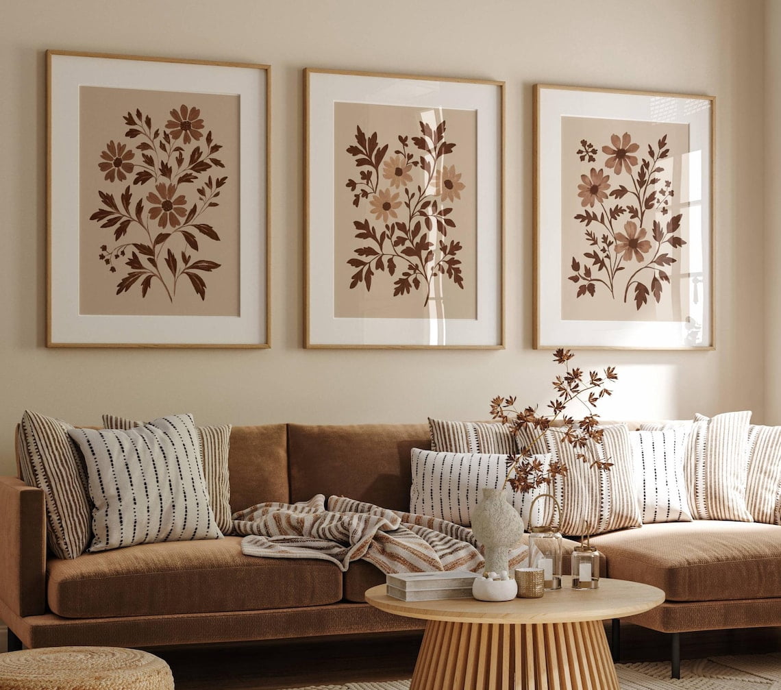UNFFRAMED Neutral Botanical Boho Wall Art Set, Floral Poster, Vintage ...