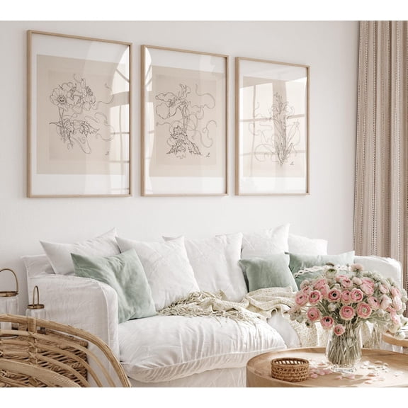 UNFFRAMED Neutral Botanical Prints Set, Beige Minimalist Line Art Set 3 Prints 12x18