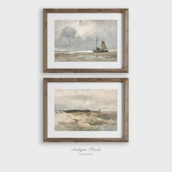 UNFFRAMED Neutral Coastal Set, Vintage Seascape 2 Pieces Wall Art, Antique Sailing Poster, Beach Cottage Decor Set 2 Prints 12x18