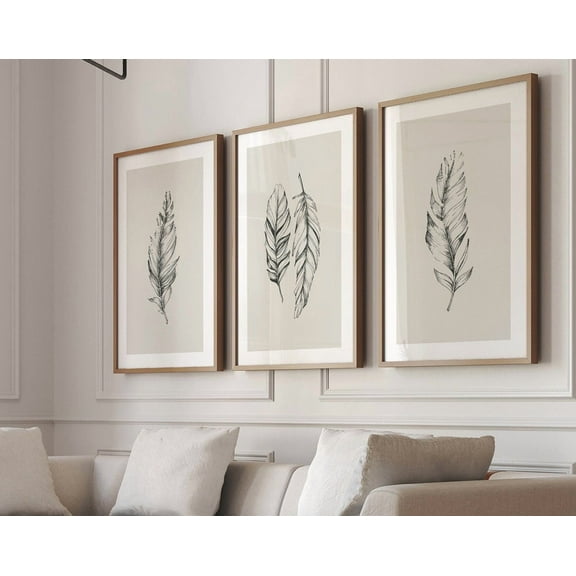 UNFFRAMED Neutral Feather Set Of 3 Feather Print Set, Minimal Feather Decor, Feather Beigeliving Room Decor, Modern Wall Decor Set 3 Prints 12x18