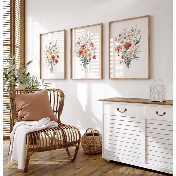 UNFFRAMED Neutral Summer Wildflower Prints, Minimalist Boho Wall Decor, Botanical Wall Art, Floral Prints, F004 Set 3 Prints 16x24