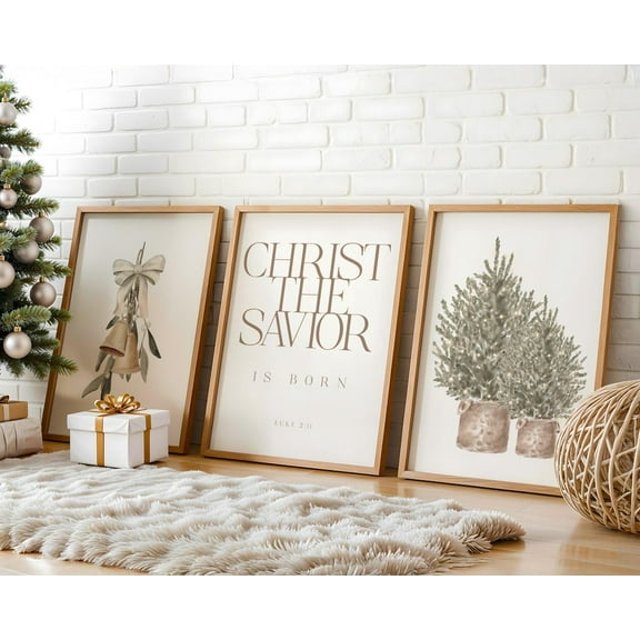UNFFRAMED Neutral Wall Art Set Of 3, Christ The Savior Is Born Poster, Rustics, Luke 2,11 Scripture Decor Set 3 Prints 20x30