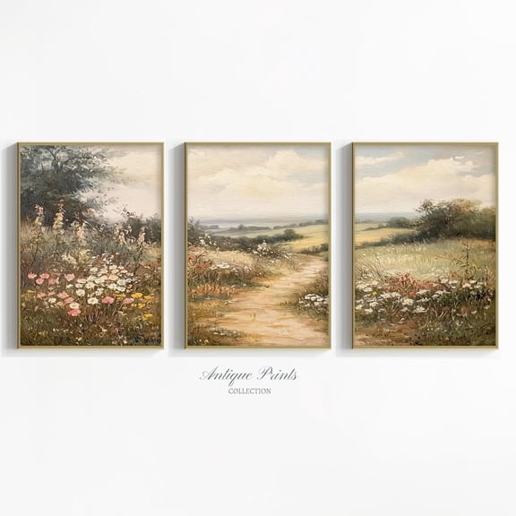 UNFFRAMED Neutral Wildflower Field Set Posters, Country Landscape 3 Pieces Wall Art, Floral Nature Pring Farmhouse Decor Set 3 Prints 8x12