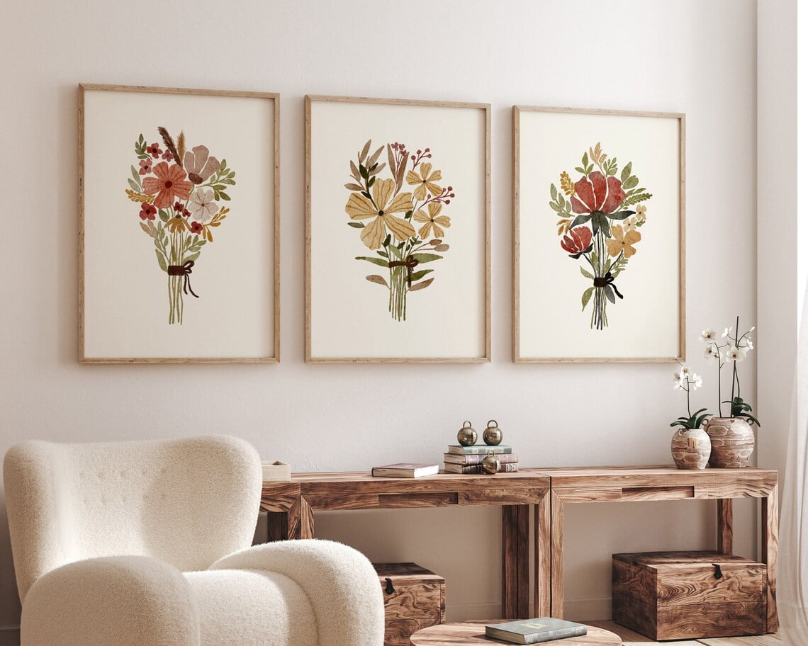 UNFFRAMED Neutral Wildflower Posters, Boho Botanical Art Set 3 Prints ...