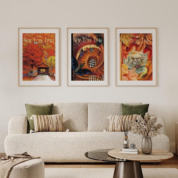 UNFFRAMED New York Times Fall & Cover Poster Set, Retro Home Decor Artwork Set 3 Prints 8x12