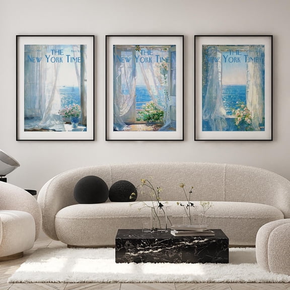 UNFFRAMED New York Times Newspaper Poster Set Of 3, Soft Blue New York Newspaper Wall Art, Retro New York Vintage Newspaper Decor For Living Room Set 3 Prints 16x24