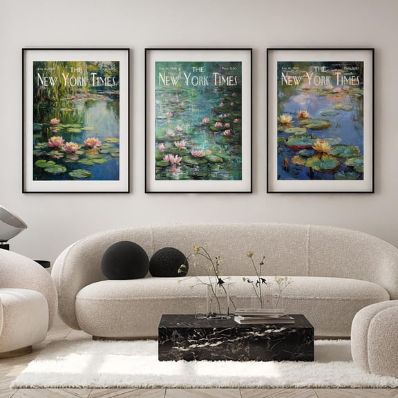 UNFFRAMED The New York Times Poster Set Of 3, Monet Water Lily Posters, Vibrant Pond Newspaper Wall Art, Vintage New York City Decor, Giryl Wall Art Set 3 Prints 8x12