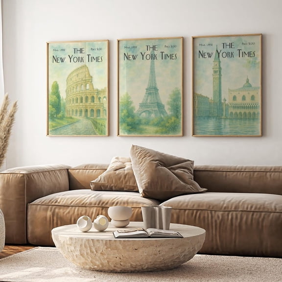 UNFFRAMED New York Times Poster Set, Soft Green Retro Wall Art Set 3 Prints 16x24