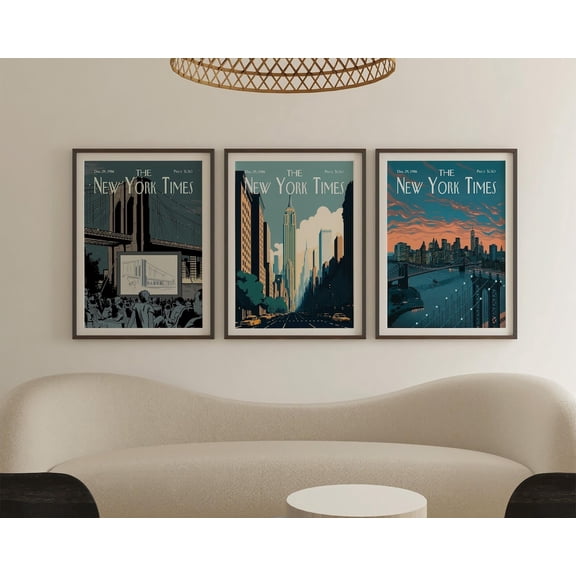 UNFFRAMED New York Times Wall Art Set Of 3, Vintage Magazine Cover Posters, Retro Empire State & Brooklyn Bridge Posters, Cityscape Magazine Covers Set 3 Prints 16x24