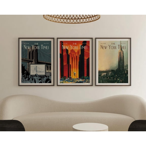 UNFFRAMED New York Times Wall Art Set Of 3, Vintage Nyc Poster Posters, Trendy Retro Newspaper Cover Art, Manhattan Skyline Decor, Urban City Set 3 Prints 8x12