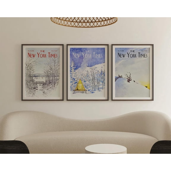 UNFFRAMED New York Times Winter Cabin Wall Art Set Of 3, Vintage Snowy Landscape Posters, Retroposter Decor, Seasonal Magazine Covers Art Set 3 Prints 20x30