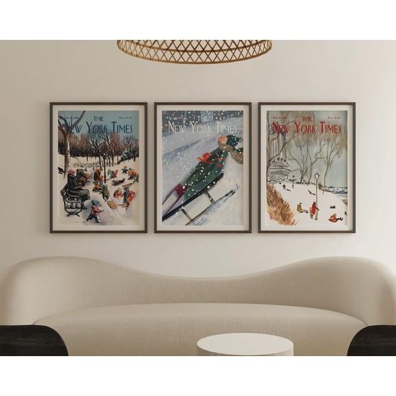 UNFFRAMED New York Times Winter Wall Art Set Of 3, Vintage New Yorker Snow Poster, Magazine Cover Posters, Retro Home Decor Set 3 Prints 20x30