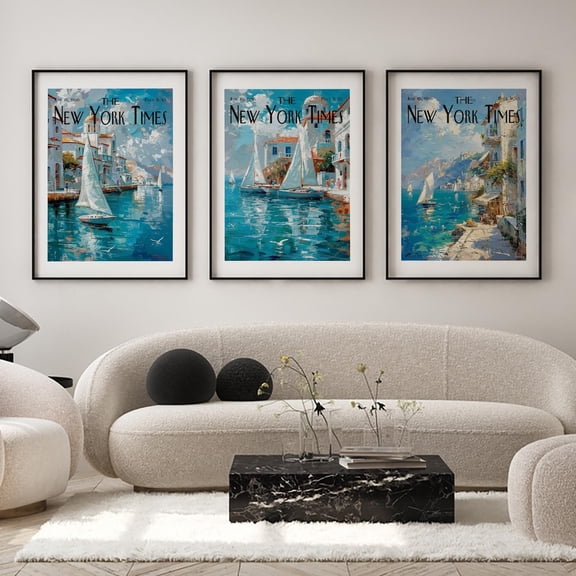 UNFFRAMED New Yorker Times Poster Set Of 3 Coastal Sailing Newspaper Wall Art, Nyt Mediterranean Sea Posters, Blue Ocean Landscape Boat Decor -S145 Set 3 Prints 20x30