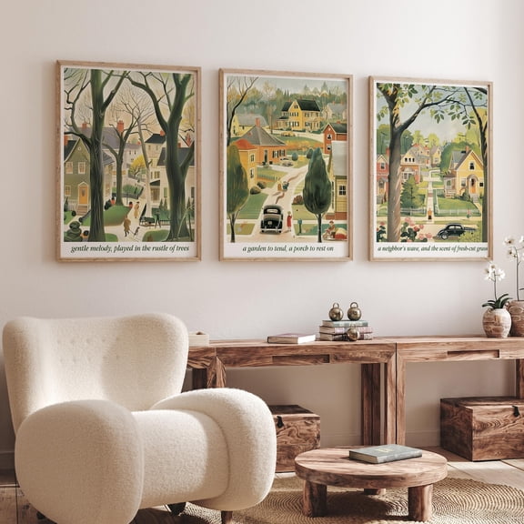 UNFFRAMED Nostalgic Suburban Life Art Set Of 3 Prints - Retro Neighborhood Posters - Classic Small Town Community, Modern Wall Decor Set 3 Prints 16x24
