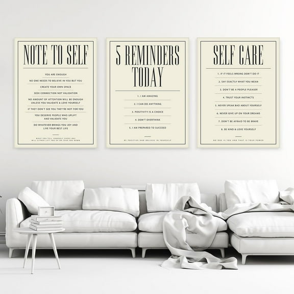 UNFFRAMED Note To Self Wall Art Set, Motivational Quotes Posters, Self Care & Daily Reminders Poster, Minimalist Neutral Home Decor Set 3 Prints 20x30