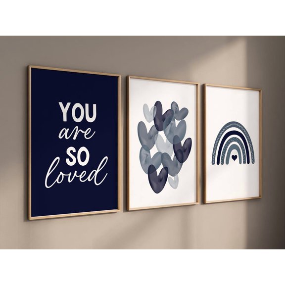 UNFFRAMED Nursery Decor Boy Boho, Rainbow Nursery, Navy Nursery, Boys Room Decor, Navy Blue Nursery, You Are So Loved, Heart Print, Boy Nursery Print #518 Set 3 Prints 12x18