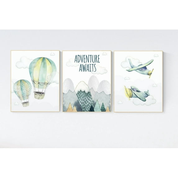 UNFFRAMED Nursery Decor Boy Mountain, Adventure Nursery, Travel Theme Nursery, Woodland, Gender Neutral, Adventure Awaits, Hot Air Balloon, Plane #365 Set 3 Prints 20x30