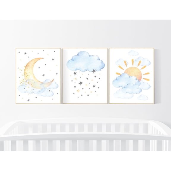 UNFFRAMED Nursery Decor Clouds, Sunshine Nursery, Gender Neutral Nursery Wall Art, Sun, Cloud, Baby Room Decor, Blue Yellow, Nursery Wall Decor #59 Set 3 Prints 20x30