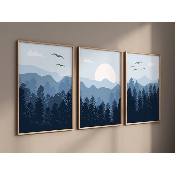 UNFFRAMED Nursery Decor Woodland, Mountain Wall Art, Blue Nursery, Tree Nursery Decor, Adventure Theme Nursery, Forest Nursery, Home Decor #509 Set 3 Prints 16x24