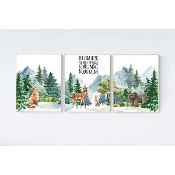 UNFFRAMED Nursery Decor Woodland, Mountain Wall Art, Tree Nursery Decor, Adventure Theme, Forest, Woodland Animals, Let Him Sleep For When He Wakes #23 Set 3 Prints 20x30