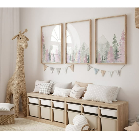 UNFFRAMED Nursery Decor Woodland, Mountain Wall Art, Tree Nursery Decor, Adventure Theme Nursery, Forest, Pink, Green, Purple And Blush Pink #553 Set 3 Prints 20x30
