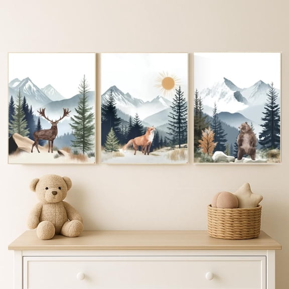 UNFFRAMED Nursery Decor Woodland, Mountain Wall Art, Tree Nursery Decor, Adventure Theme Nursery, Forest, Sage Green, Beige, Woodland Animals #18 Set 3 Prints 20x30