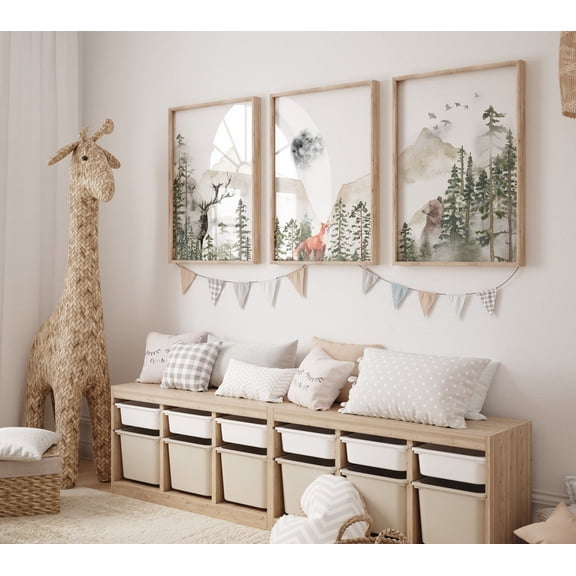 UNFFRAMED Nursery Decor Woodland, Mountain Wall Art, Tree Nursery Decor, Adventure Theme Nursery, Forest, Sage Green, Beige, Woodland Animals #519 Set 3 Prints 8x12