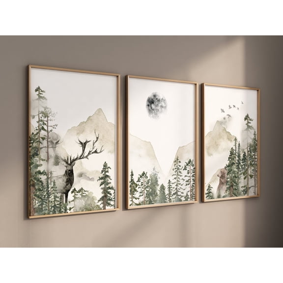 UNFFRAMED Nursery Decor Woodland, Mountain Wall Art, Tree Nursery Decor, Adventure Theme Nursery, Forest, Sage Green, Beige, Woodland Animals #582 Set 3 Prints 12x18