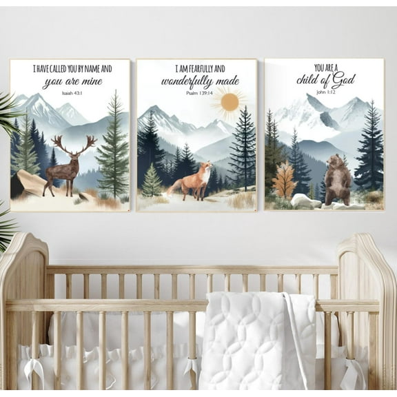 UNFFRAMED Nursery Decor Woodland, Mountain Wall Art, Tree Nursery Decor, Adventure Theme Nursery, Forest, Sage Green, Bible Nursery, Verse Nursery #2 Set 3 Prints 8x12