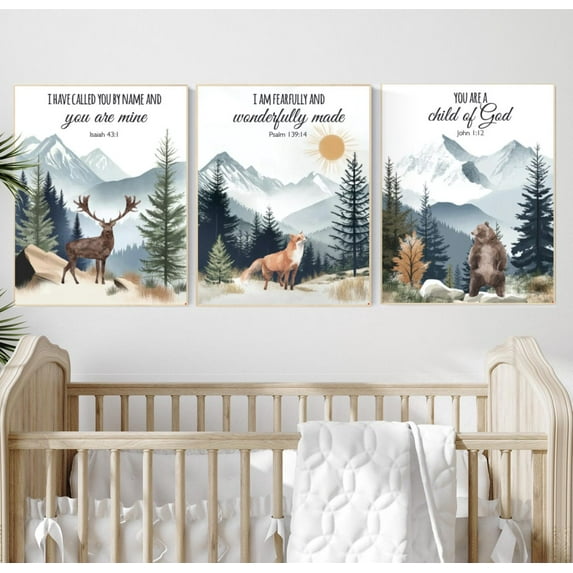 UNFFRAMED Nursery Decor Woodland, Mountain Wall Art, Tree Nursery Decor, Adventure Theme Nursery, Forest, Sage Green, Bible Nursery, Verse Nursery #2 Set 3 Prints 12x18