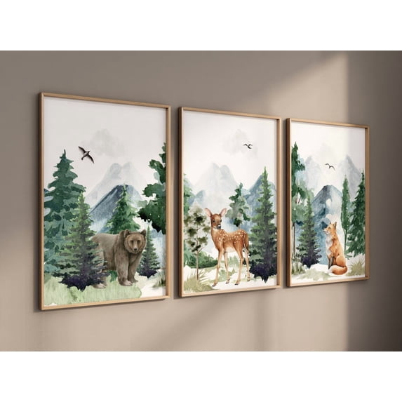 UNFFRAMED Nursery Decor Woodland, Mountain Wall Art, Tree Nursery Decor, Adventure Theme Nursery, Forest, Sage Green, Green Nursery, Woodland Animals #36 Set 3 Prints 12x18