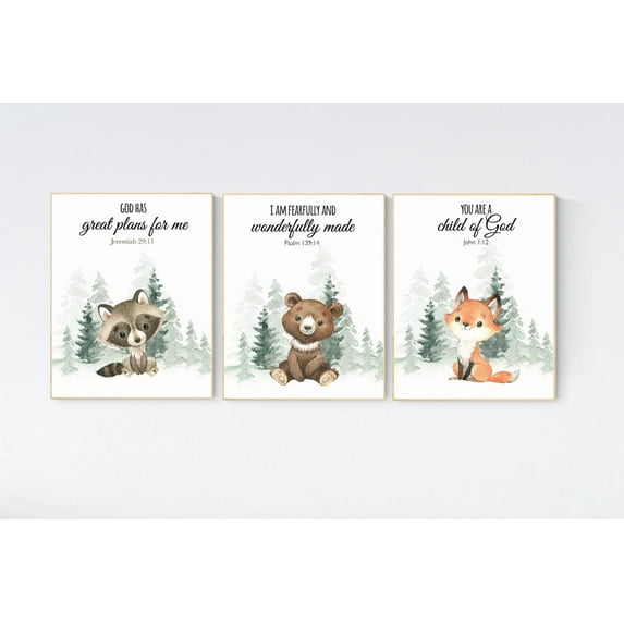 UNFFRAMED Nursery Decor Woodland, Woodland Nursery Wall Art, Woodland Print Set, Animal Prints, Verse Nursery, Bible Nursery, Gender Neutral Nursery #175 Set 3 Prints 12x18